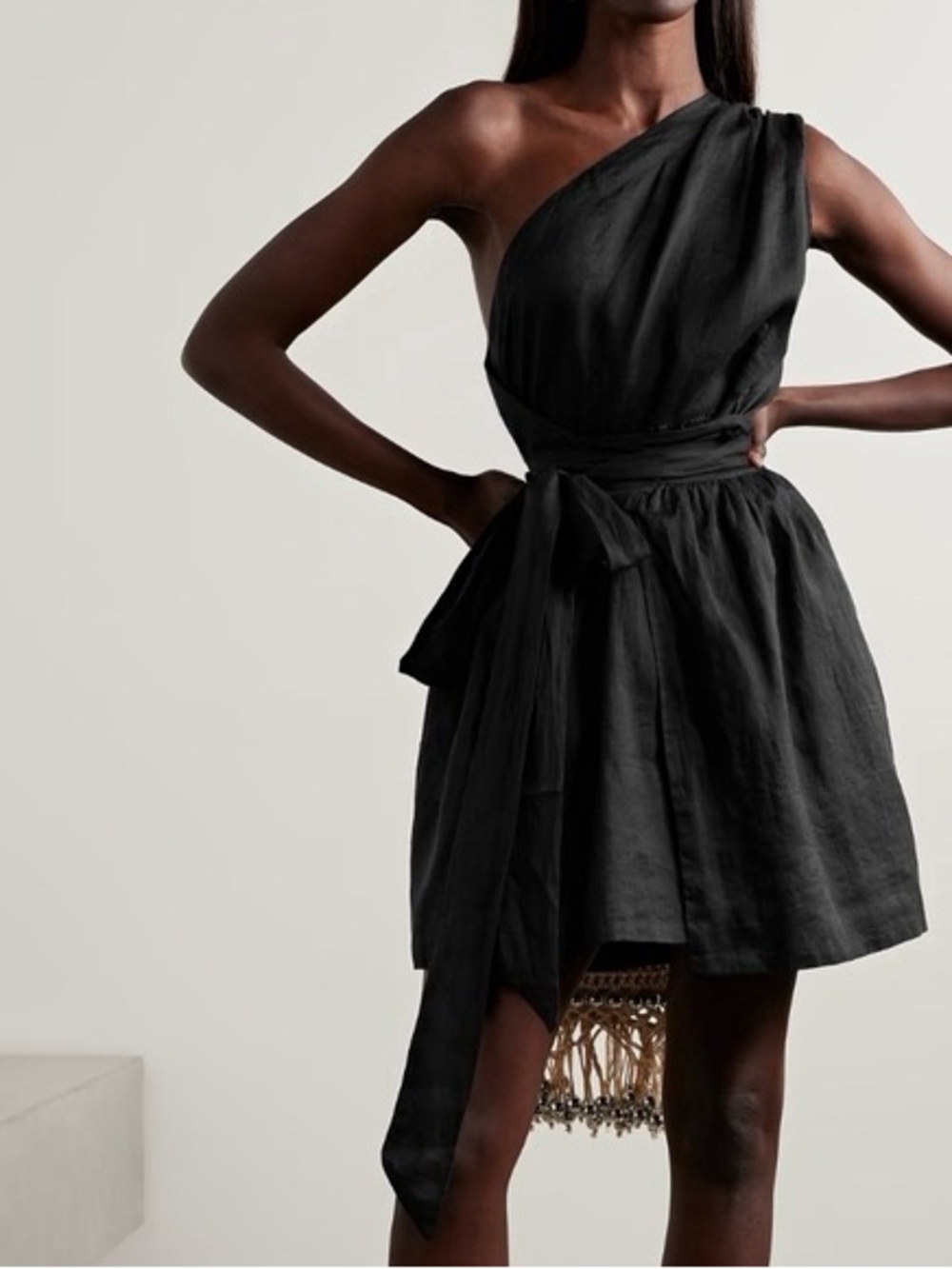 DOEN YVONNE ONE-SHOULDER BELTED RAMIE-VOILE MINI DRESS IN BLACK